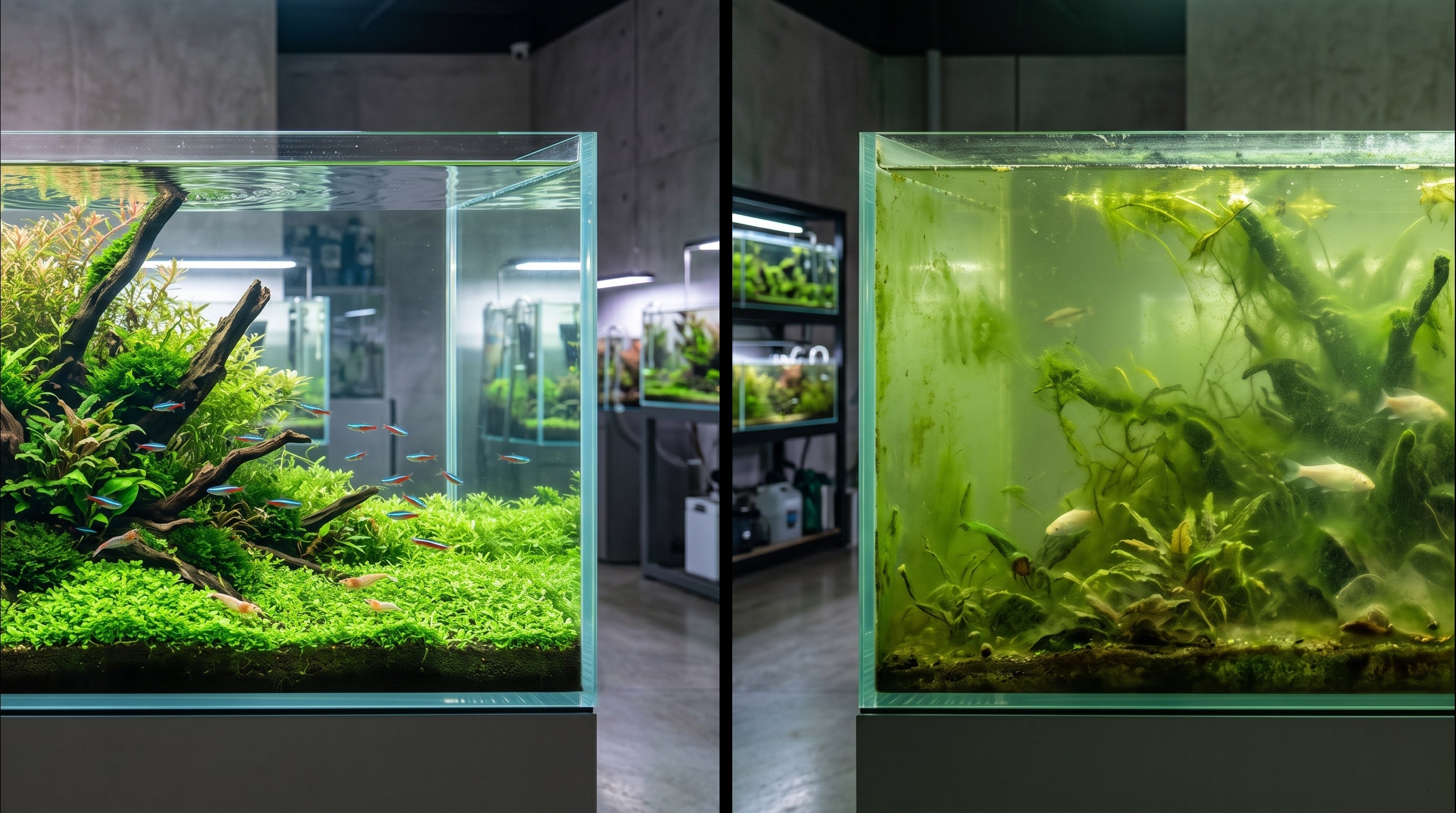 Side-by-side comparison of a crystal clear planted aquarium next to a murky green tank suffering from a severe hair algae infestation.