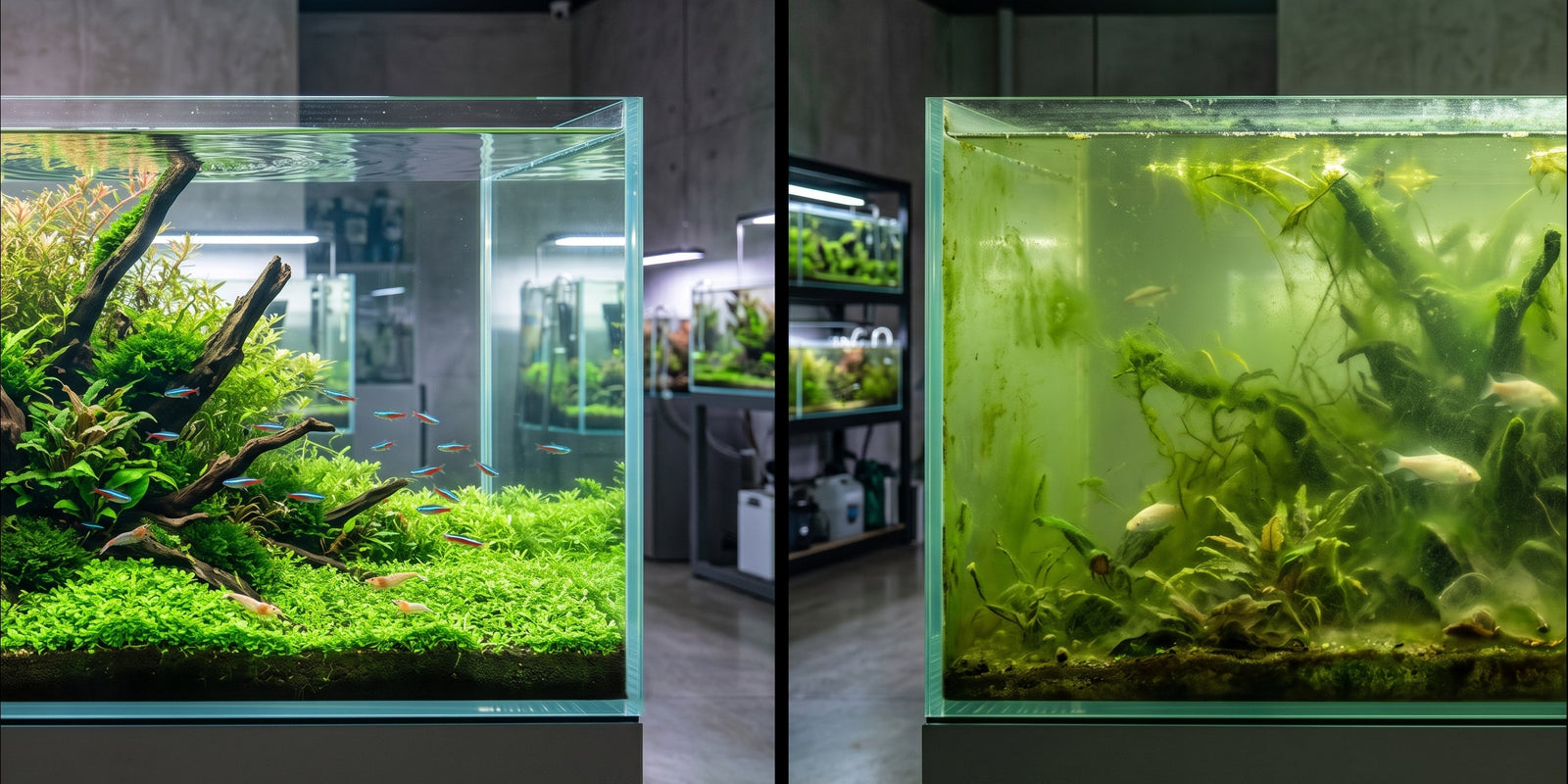 Side-by-side comparison of a crystal clear planted aquarium next to a murky green tank suffering from a severe hair algae infestation.