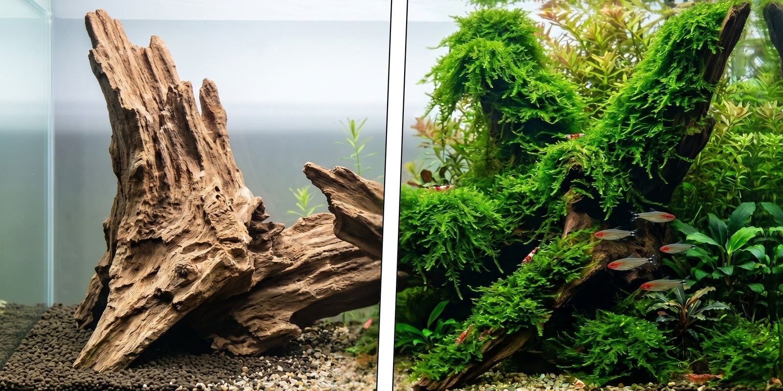 Before and after aquascape transformation showing bare driftwood versus a natural, aged ecosystem covered in lush Christmas Moss.