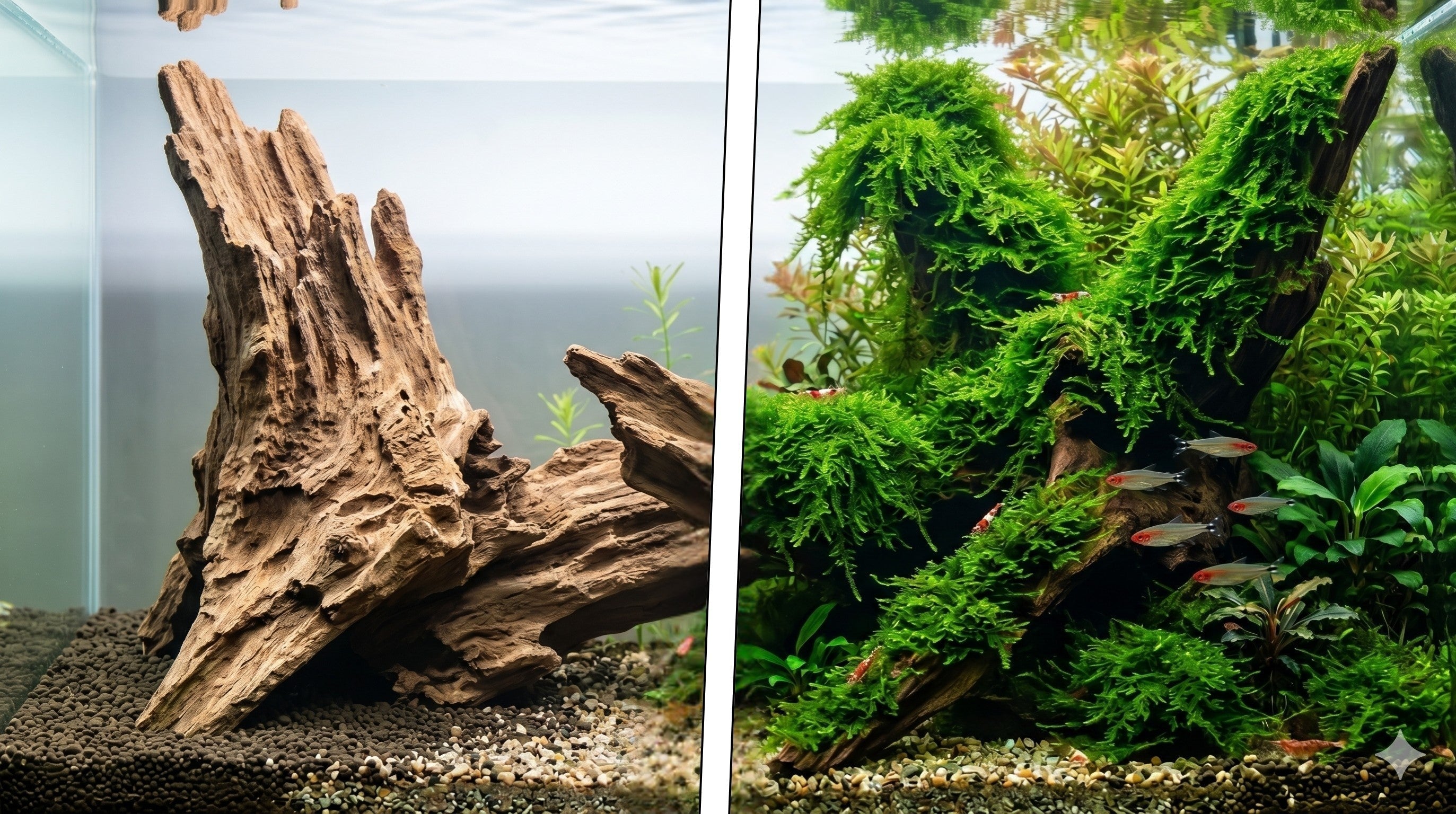 Before and after aquascape transformation showing bare driftwood versus a natural, aged ecosystem covered in lush Christmas Moss.