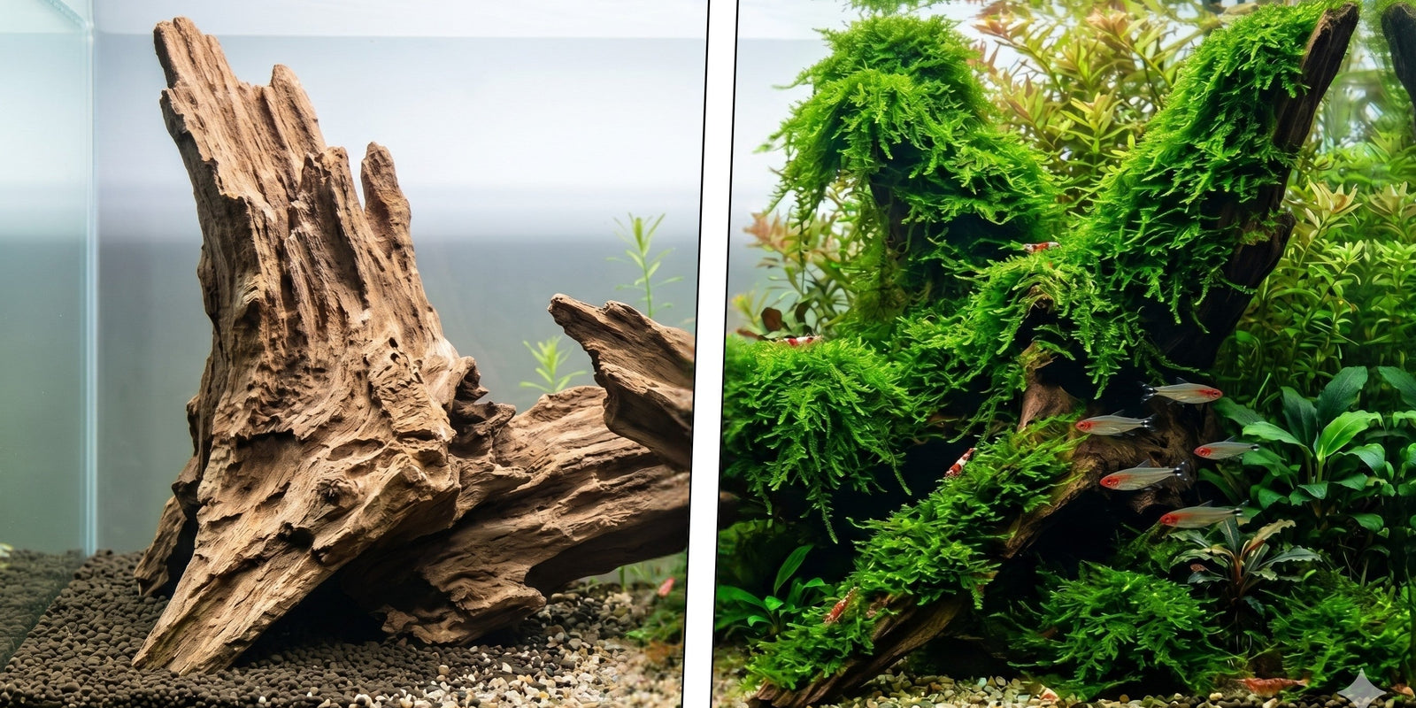 Before and after aquascape transformation showing bare driftwood versus a natural, aged ecosystem covered in lush Christmas Moss.