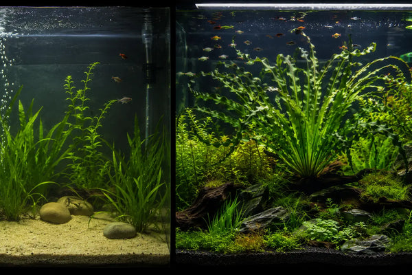 Split screen comparison of a basic, sparse aquarium next to a stunning aquascape featuring a massive Crinum calamistratum centerpiece.