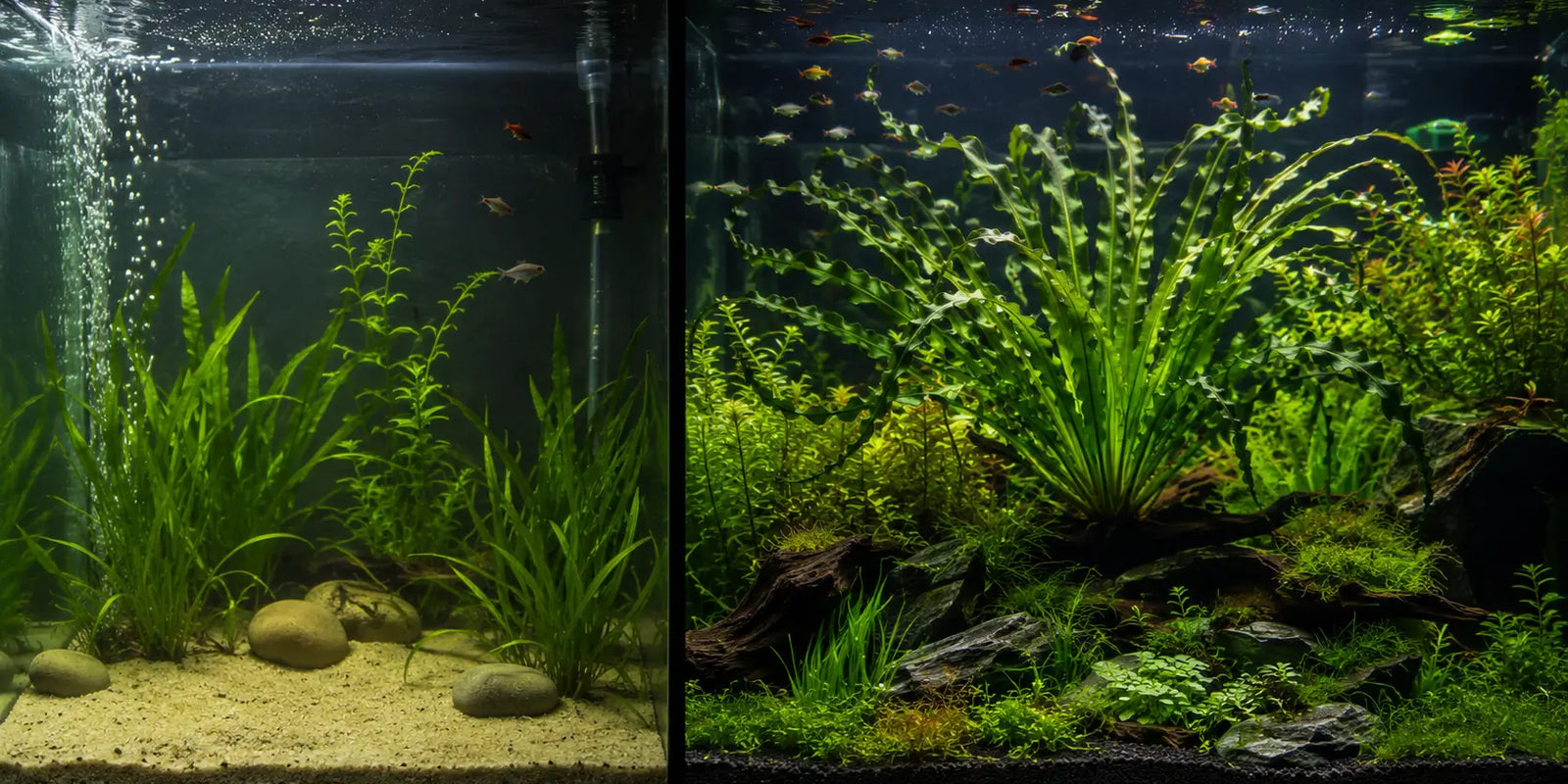 Split screen comparison of a basic, sparse aquarium next to a stunning aquascape featuring a massive Crinum calamistratum centerpiece.