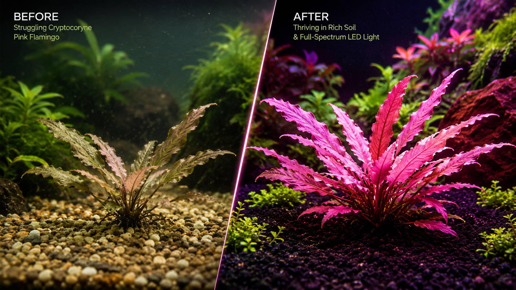 Comparison shot of a dull planted tank versus a thriving high-tech aquarium with vibrant pink Cryptocoryne Pink Flamingo leaves due to high light and CO2 injection.