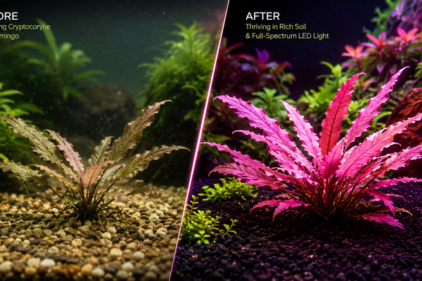 Comparison shot of a dull planted tank versus a thriving high-tech aquarium with vibrant pink Cryptocoryne Pink Flamingo leaves due to high light and CO2 injection.