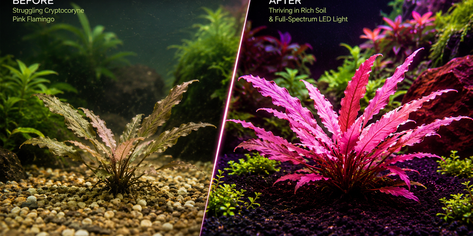 Comparison shot of a dull planted tank versus a thriving high-tech aquarium with vibrant pink Cryptocoryne Pink Flamingo leaves due to high light and CO2 injection.
