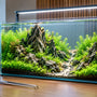 Newly flooded rimless planted aquarium setup with dragon stone hardscape and fresh active aquasoil, ready for the nitrogen cycle process.