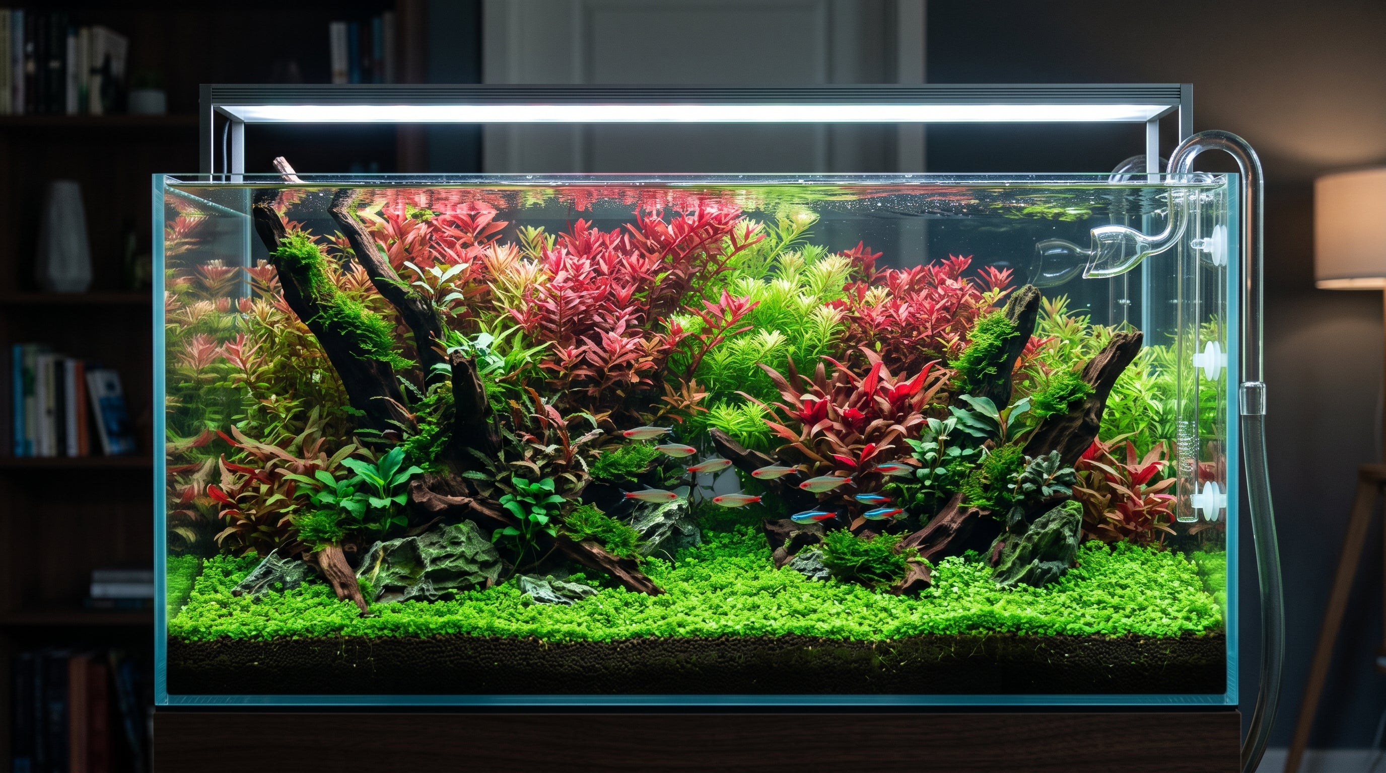 Pristine planted aquarium aquascape without pest snails featuring red stem plants and green carpeting plants.