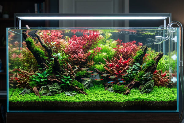 Pristine planted aquarium aquascape without pest snails featuring red stem plants and green carpeting plants.