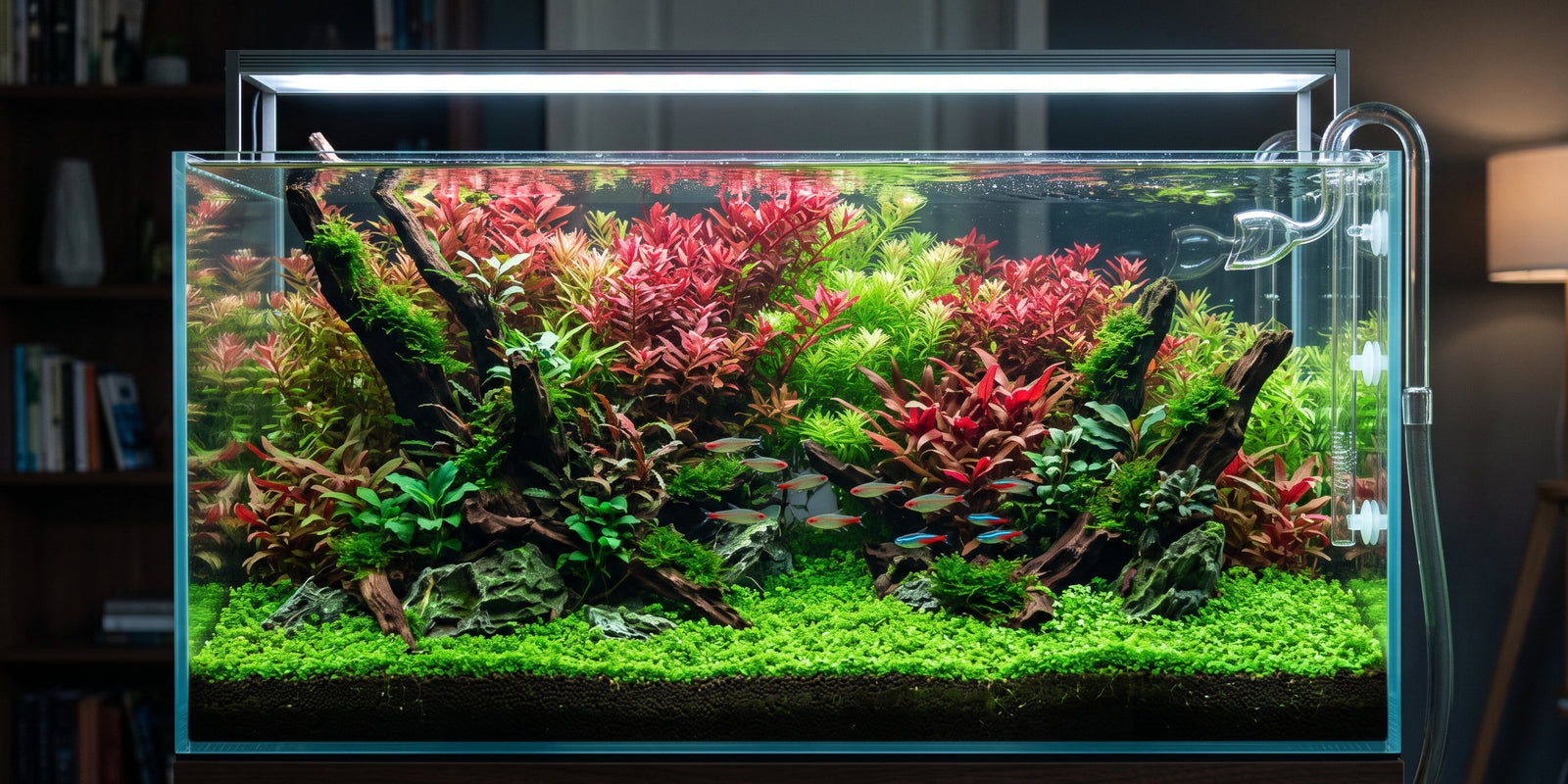 Pristine planted aquarium aquascape without pest snails featuring red stem plants and green carpeting plants.