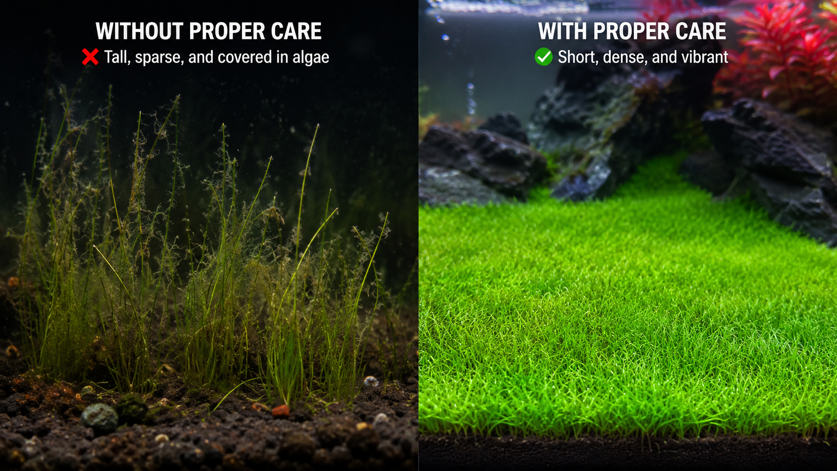 Split screen showing dying, algae-covered dwarf hairgrass without CO2 on the left, compared to a lush, dense, vibrant green dwarf hairgrass carpet with proper CO2 and lighting on the right.