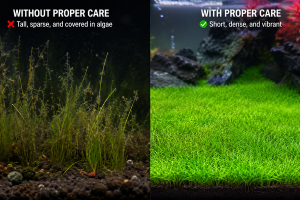 Split screen showing dying, algae-covered dwarf hairgrass without CO2 on the left, compared to a lush, dense, vibrant green dwarf hairgrass carpet with proper CO2 and lighting on the right.