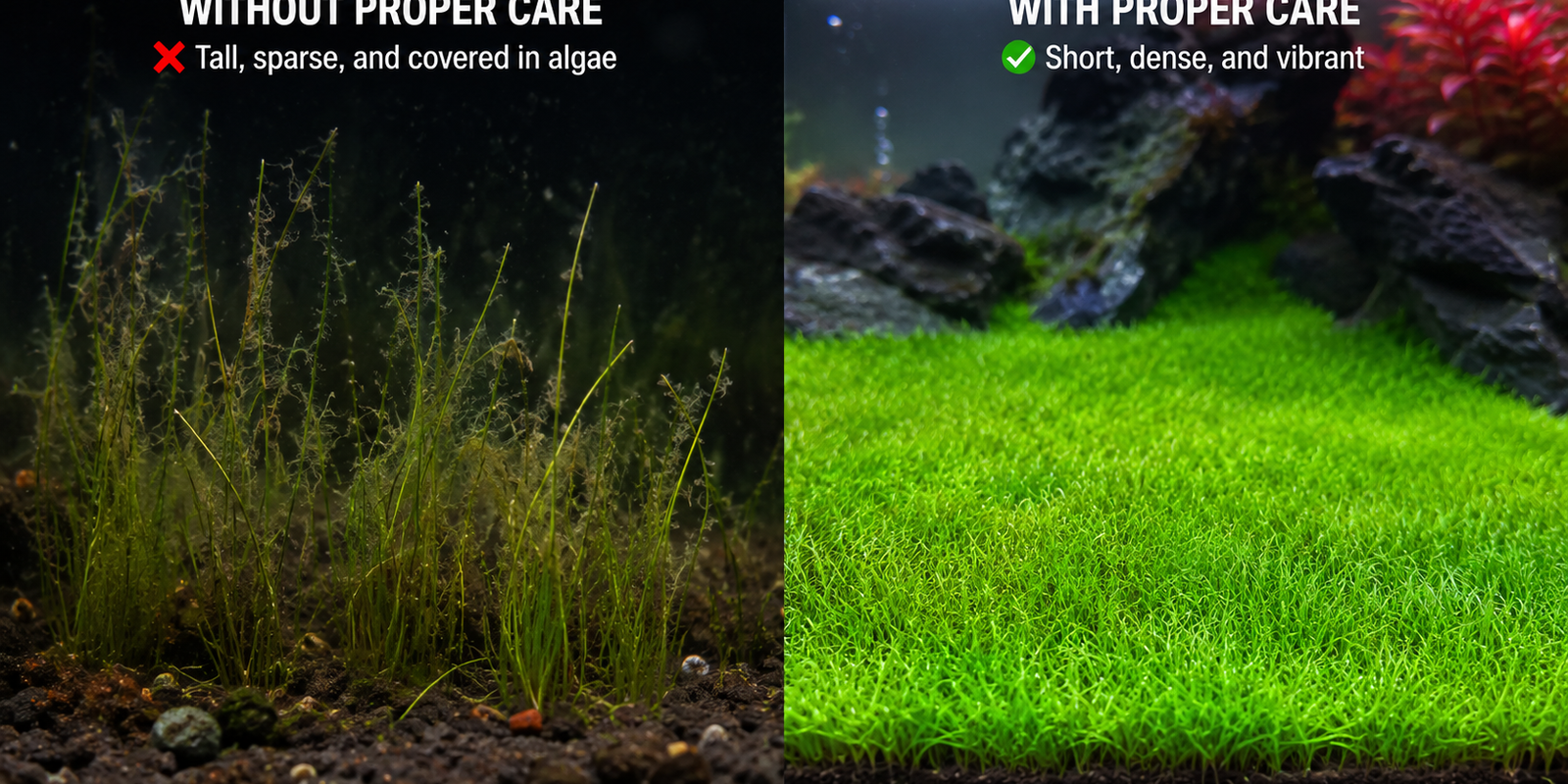 Split screen showing dying, algae-covered dwarf hairgrass without CO2 on the left, compared to a lush, dense, vibrant green dwarf hairgrass carpet with proper CO2 and lighting on the right.