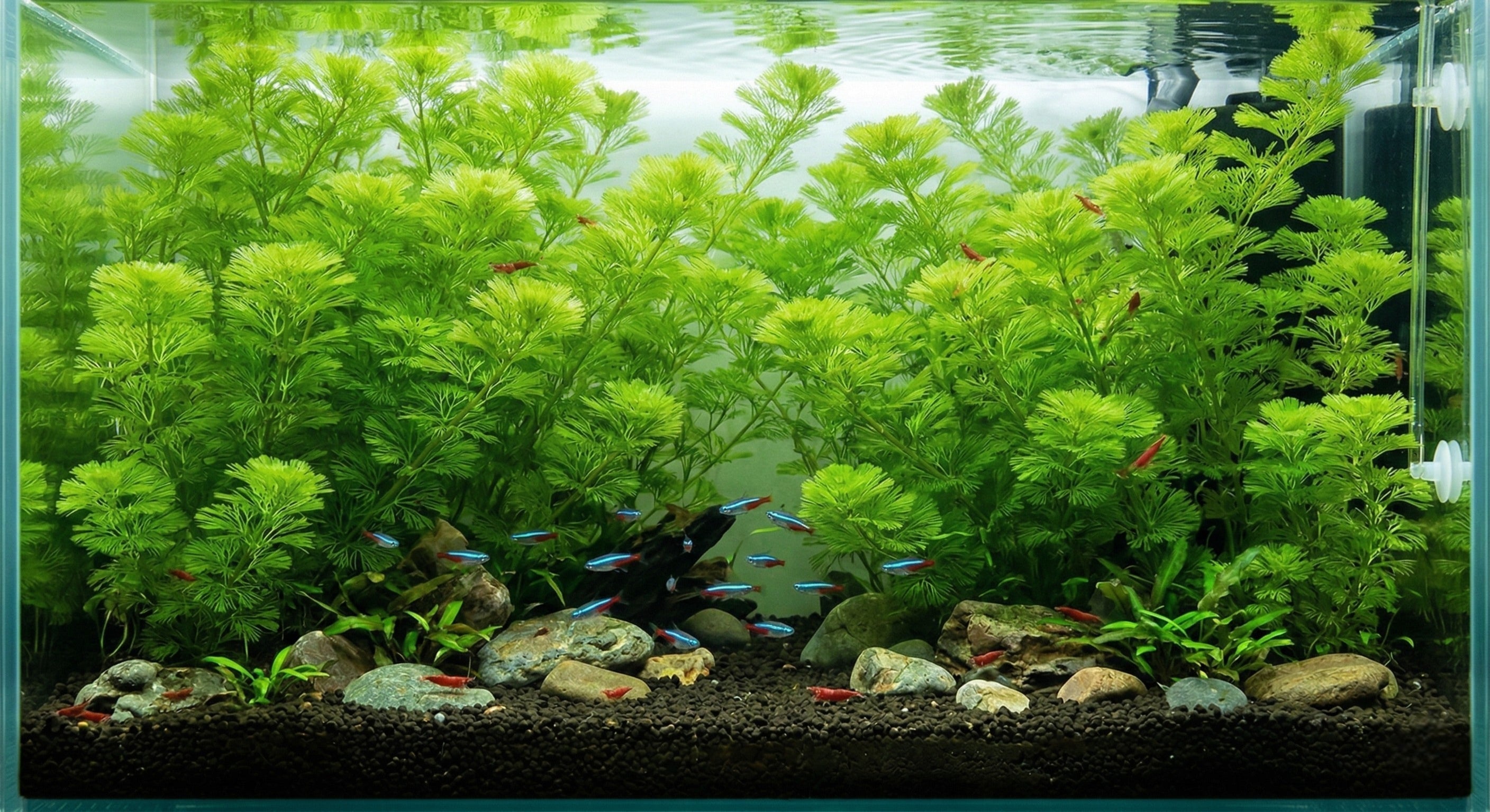Lush Green Cabomba (Cabomba caroliniana) plants swaying gently in a fully planted aquarium with tiny fish.