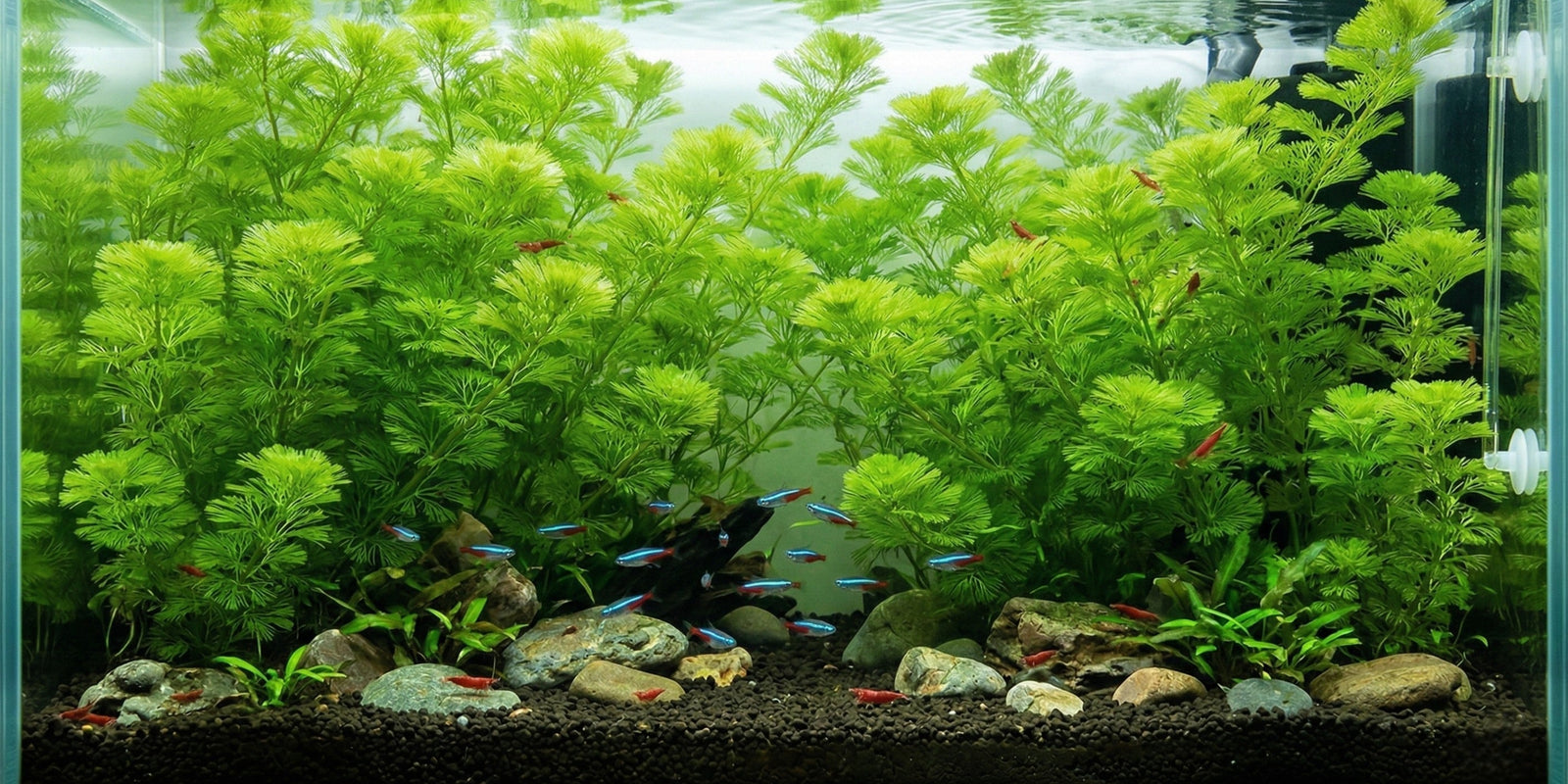 Lush Green Cabomba (Cabomba caroliniana) plants swaying gently in a fully planted aquarium with tiny fish.