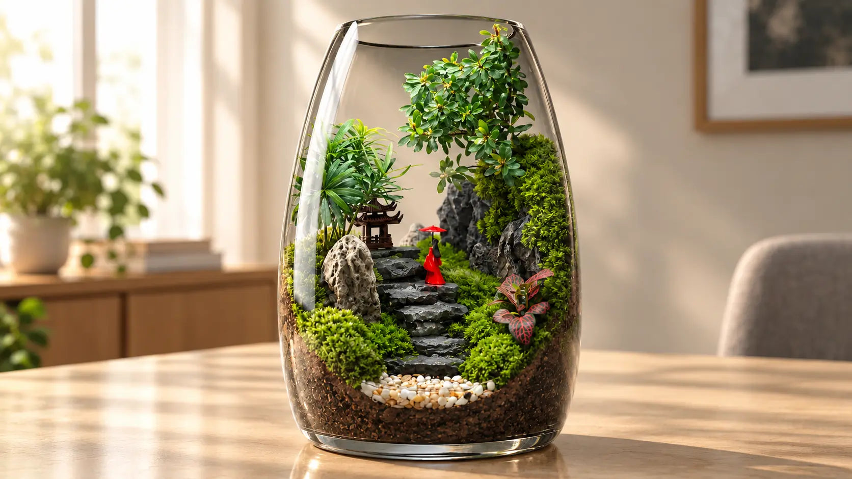 Handmade" means deliberate design. Every stone, plant, and miniature figurine is specifically chosen and positioned by an artist to create a cohesive, living scene.