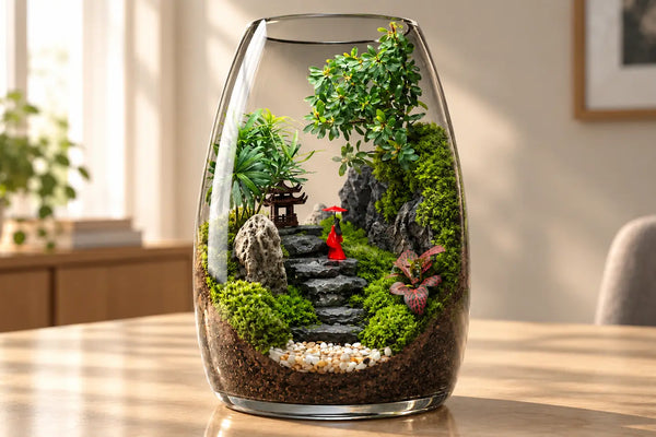 Handmade" means deliberate design. Every stone, plant, and miniature figurine is specifically chosen and positioned by an artist to create a cohesive, living scene.