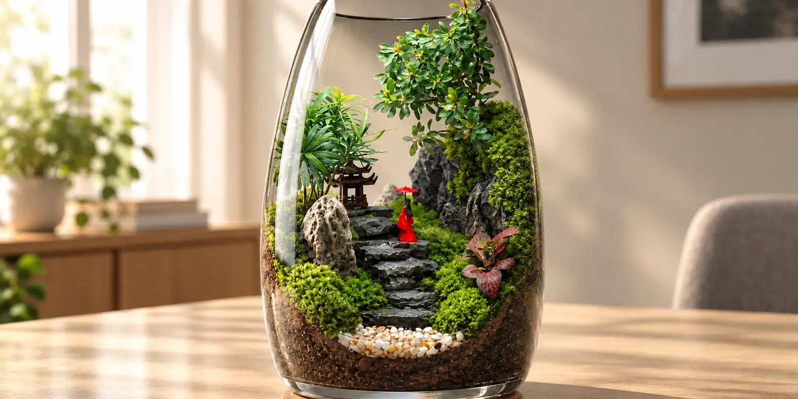 Handmade" means deliberate design. Every stone, plant, and miniature figurine is specifically chosen and positioned by an artist to create a cohesive, living scene.