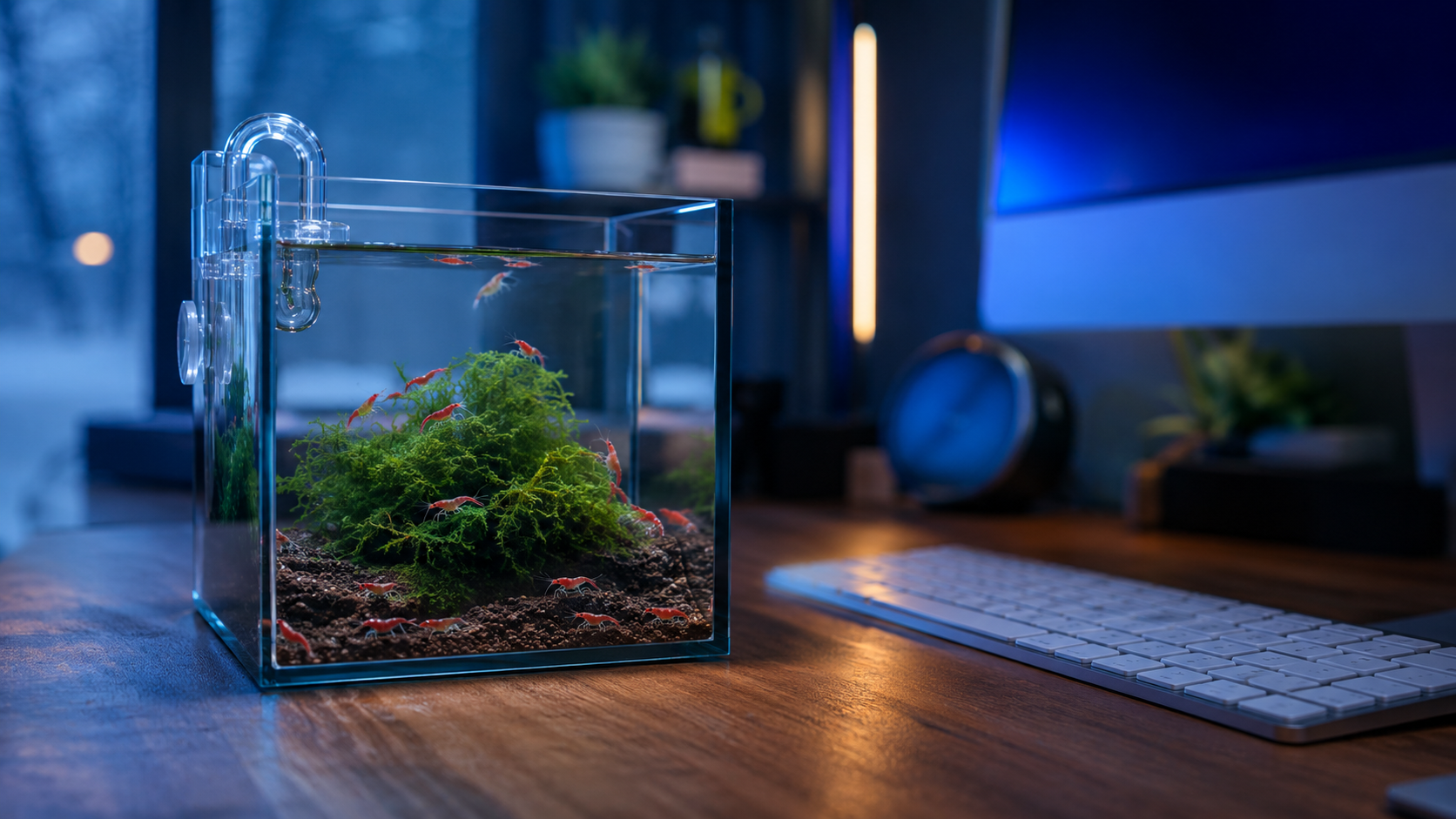 A beautifully aquascaped 5-gallon desktop nano tank featuring a discreet mini USB aquarium heater to maintain stable temperatures for tropical fish and dwarf shrimp.