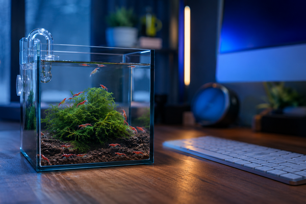 A beautifully aquascaped 5-gallon desktop nano tank featuring a discreet mini USB aquarium heater to maintain stable temperatures for tropical fish and dwarf shrimp.