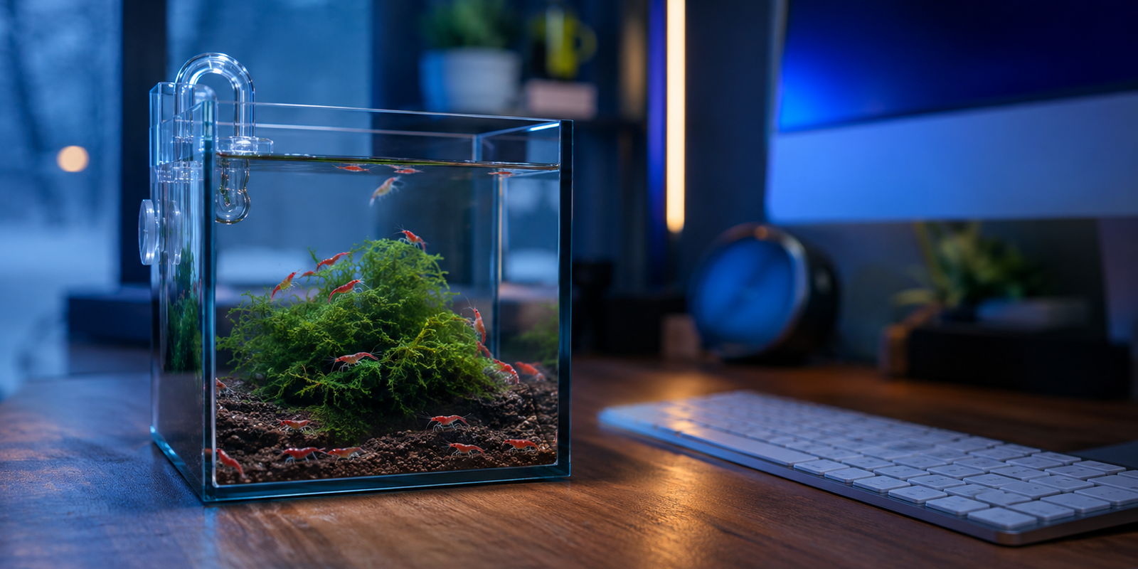 A beautifully aquascaped 5-gallon desktop nano tank featuring a discreet mini USB aquarium heater to maintain stable temperatures for tropical fish and dwarf shrimp.