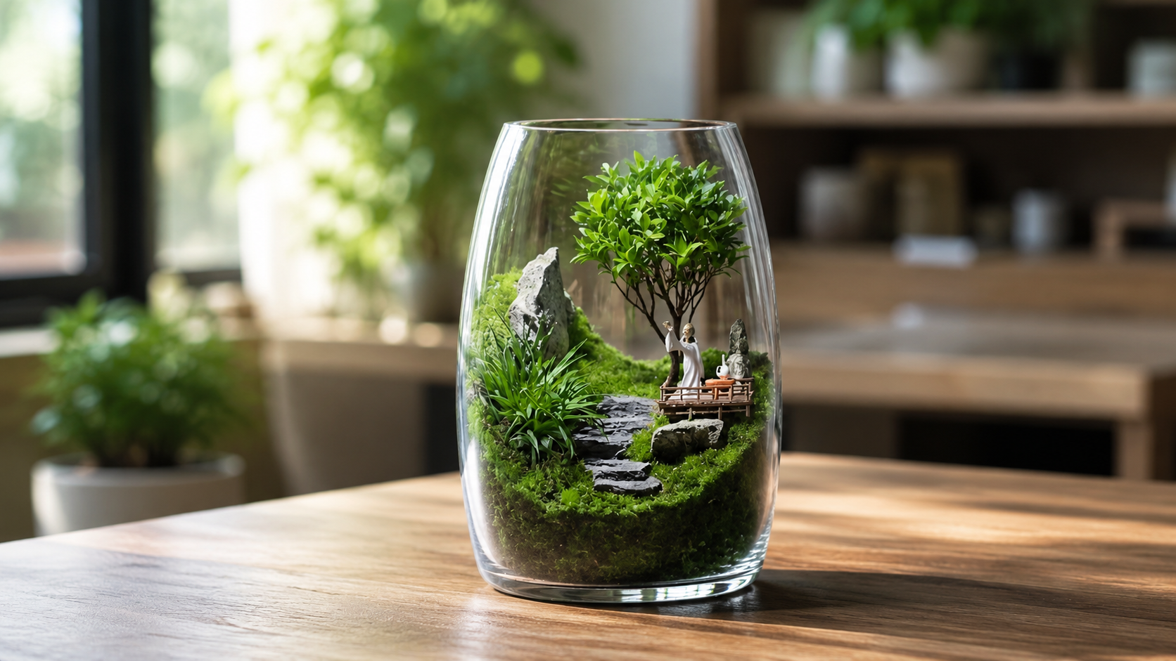 Three different styles of PlantedPro open-top glass moss terrariums featuring miniature bonsai trees, Asian pagodas, and natural hardscape on a wooden shelf.
