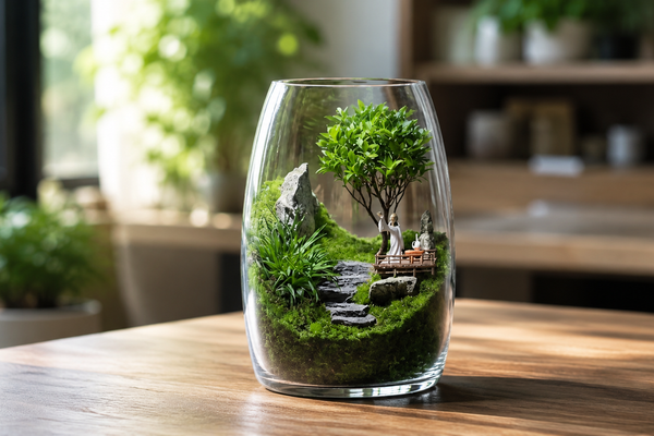 Three different styles of PlantedPro open-top glass moss terrariums featuring miniature bonsai trees, Asian pagodas, and natural hardscape on a wooden shelf.