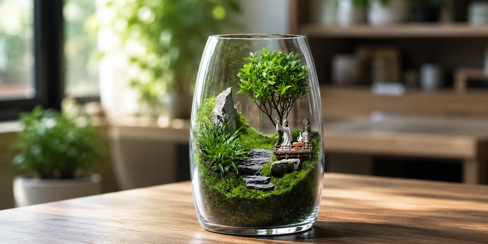 Three different styles of PlantedPro open-top glass moss terrariums featuring miniature bonsai trees, Asian pagodas, and natural hardscape on a wooden shelf.