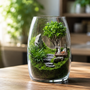 Three different styles of PlantedPro open-top glass moss terrariums featuring miniature bonsai trees, Asian pagodas, and natural hardscape on a wooden shelf.