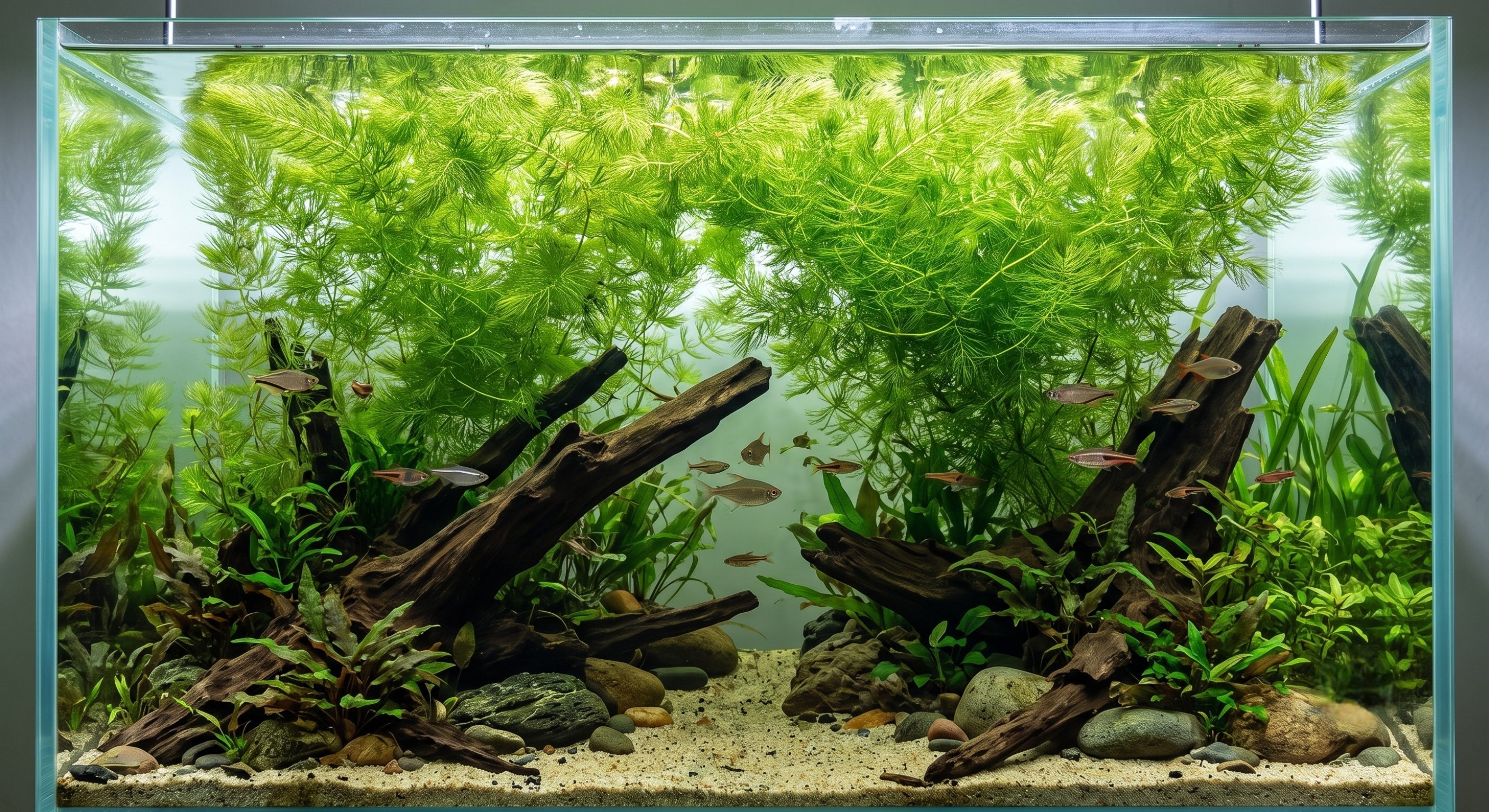 A crystal clear planted aquarium featuring lush green Hornwort (Ceratophyllum demersum) floating at the surface as a low-tech background cover for tropical fish.