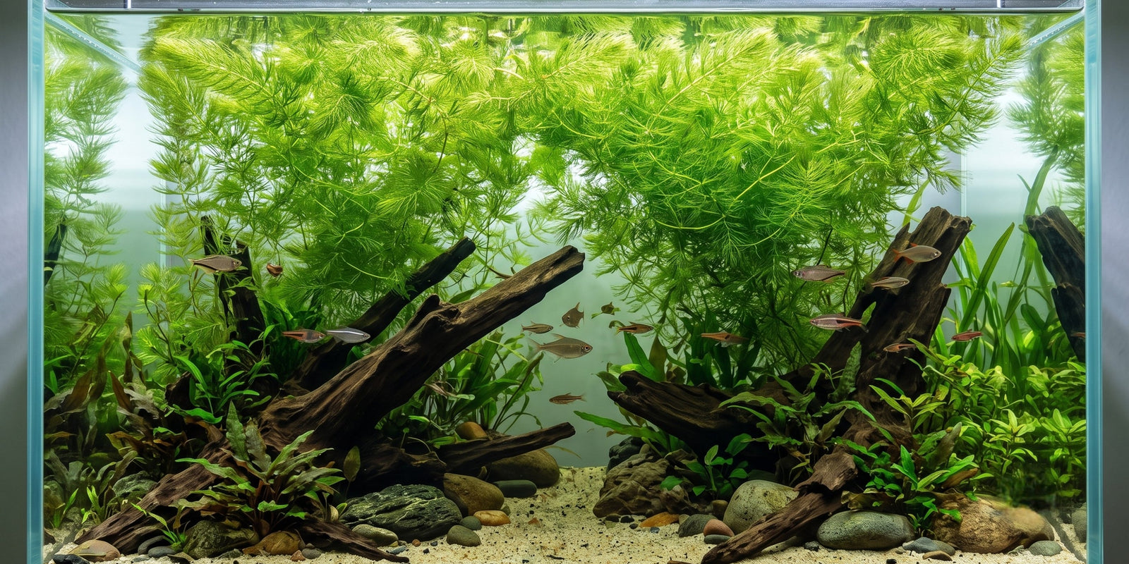 A crystal clear planted aquarium featuring lush green Hornwort (Ceratophyllum demersum) floating at the surface as a low-tech background cover for tropical fish.