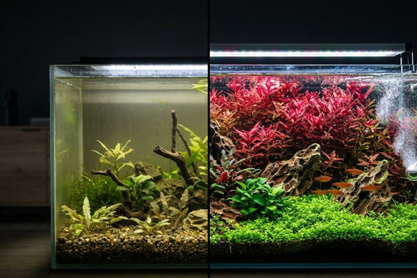 Before and after CO2 injection in a planted aquarium showing enhanced red stem plant growth, oxygen pearling, and vibrant aquascaping transformation.