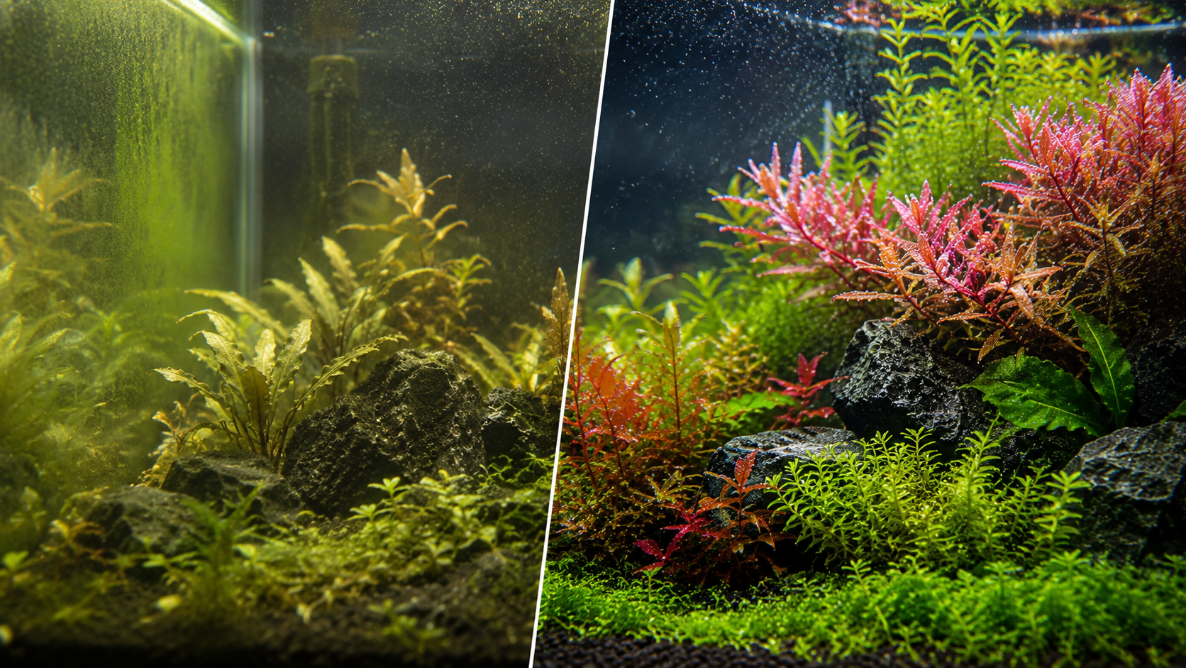 Before and after comparison of a planted aquarium showing the dramatic plant growth and vibrant red colors achieved with a complete CO2 system setup.