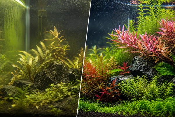 Before and after comparison of a planted aquarium showing the dramatic plant growth and vibrant red colors achieved with a complete CO2 system setup.
