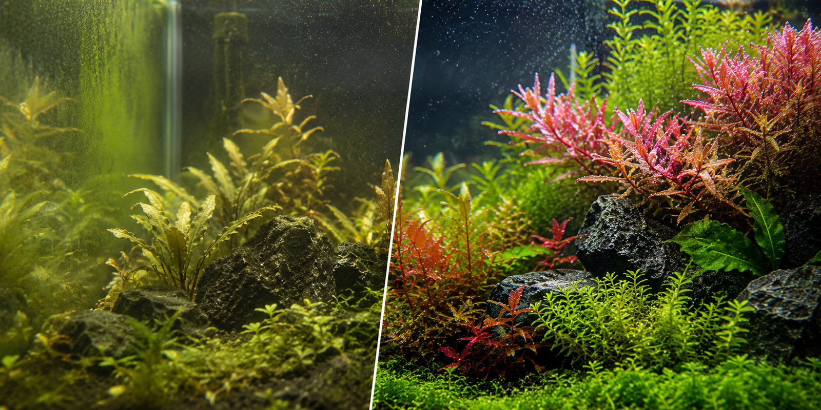 Before and after comparison of a planted aquarium showing the dramatic plant growth and vibrant red colors achieved with a complete CO2 system setup.