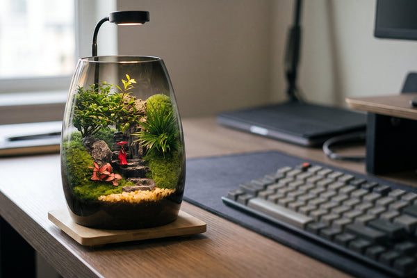 Forest Haven handmade open-top moss terrarium microlandscape with LED grow light and bamboo stand sitting next to a keyboard on a wooden office desk.