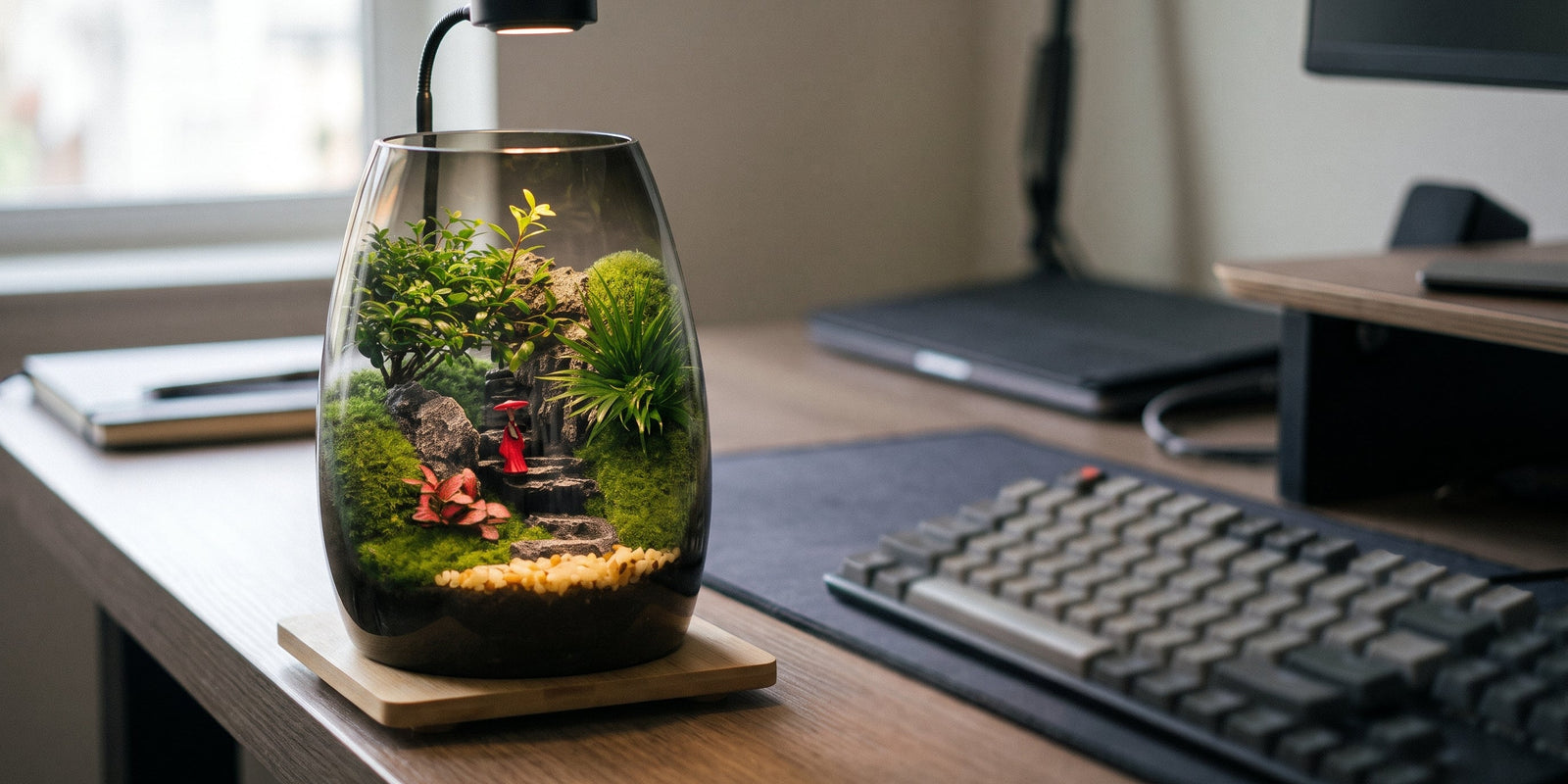 Forest Haven handmade open-top moss terrarium microlandscape with LED grow light and bamboo stand sitting next to a keyboard on a wooden office desk.
