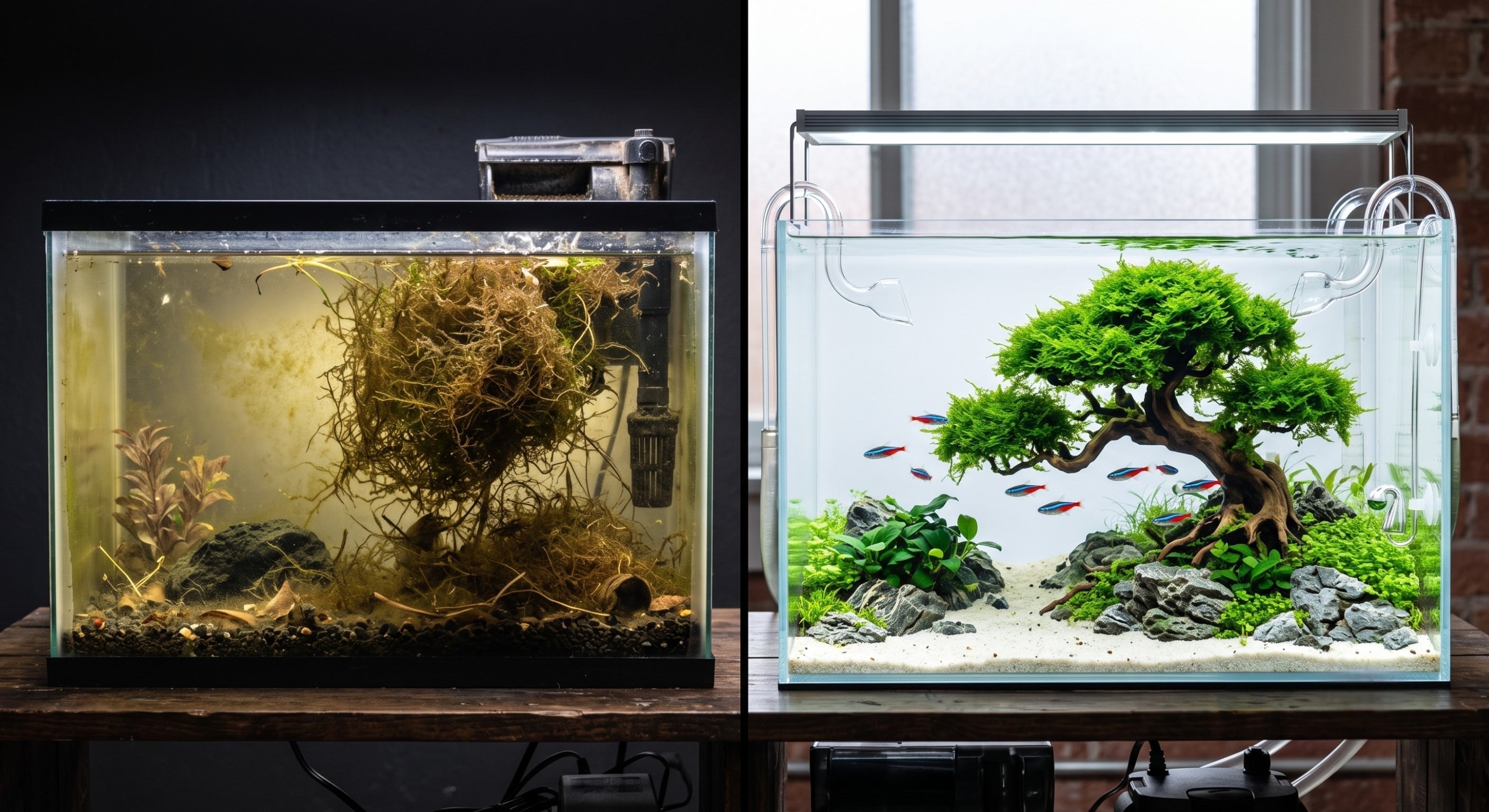 Split screen comparing a dying brown Java moss blob in a neglected aquarium to a stunning, thriving Java moss bonsai tree aquascape.