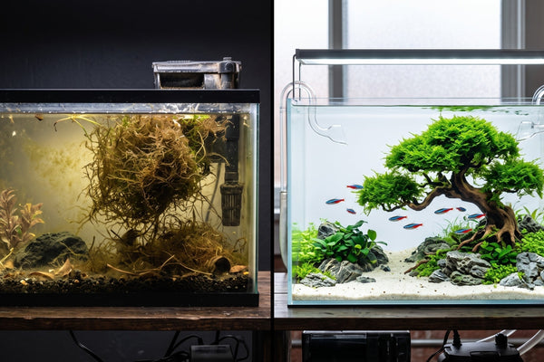 Split screen comparing a dying brown Java moss blob in a neglected aquarium to a stunning, thriving Java moss bonsai tree aquascape.