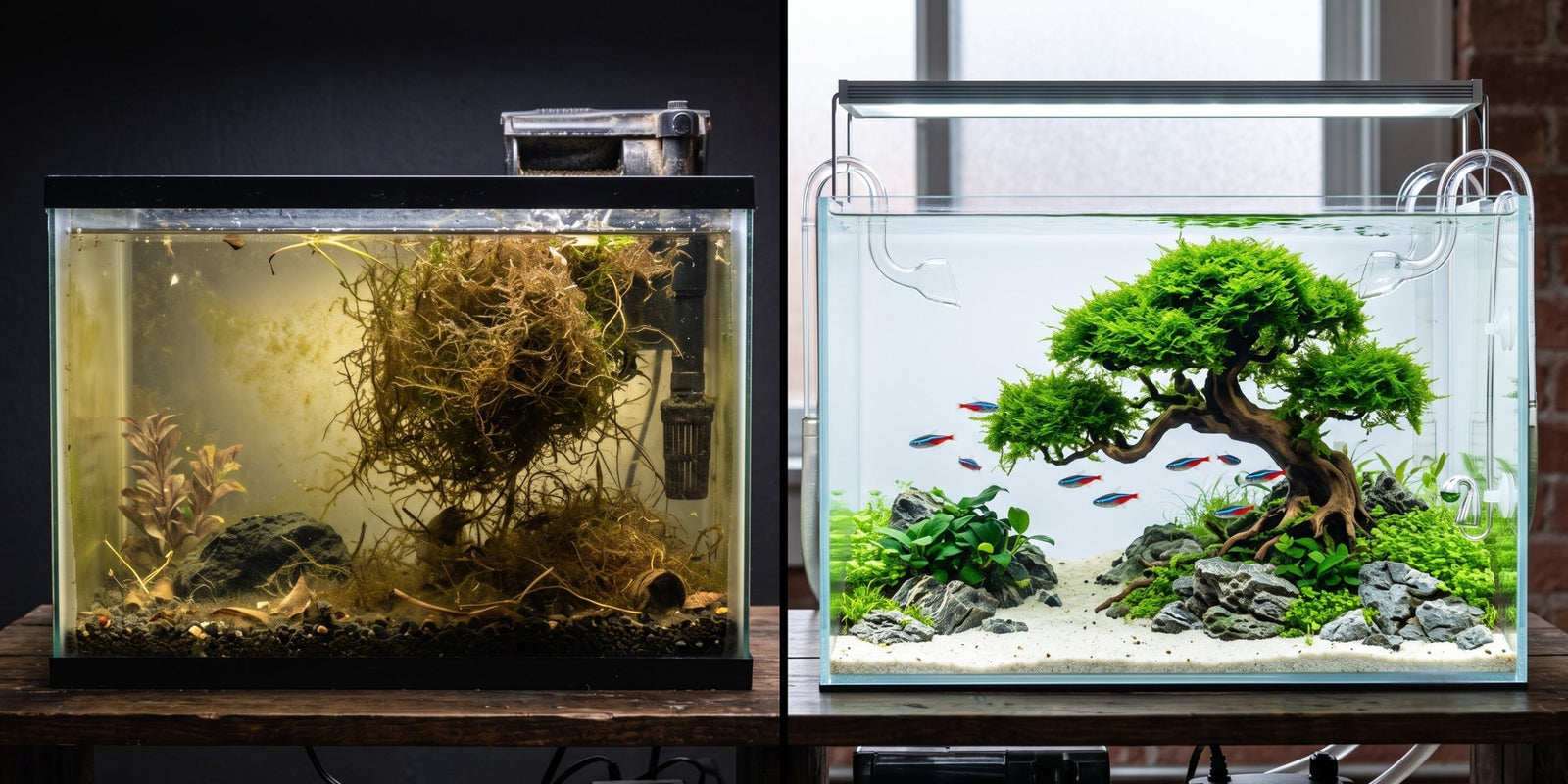 Split screen comparing a dying brown Java moss blob in a neglected aquarium to a stunning, thriving Java moss bonsai tree aquascape.