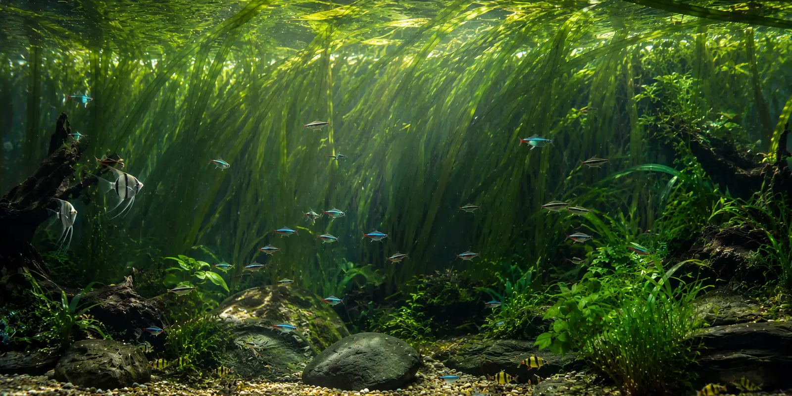 Lush jungle val aquarium plant growing in the background of a large planted fish tank without CO2.