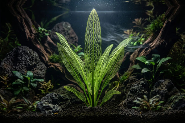A stunning, fully grown Madagascar Lace Plant (Aponogeton madagascariensis) with pristine green lattice leaves serving as the centerpiece of a planted aquarium.