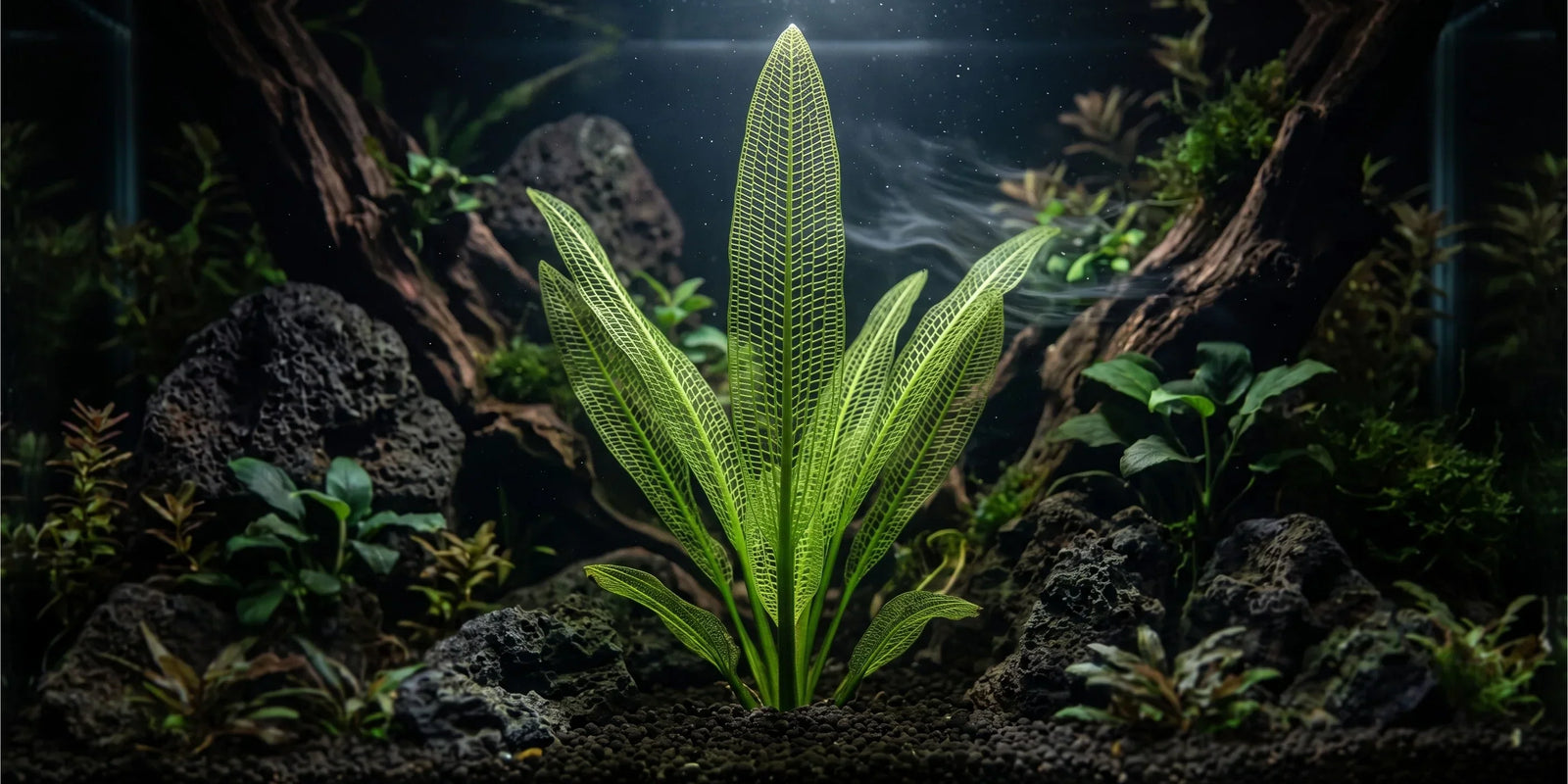 A stunning, fully grown Madagascar Lace Plant (Aponogeton madagascariensis) with pristine green lattice leaves serving as the centerpiece of a planted aquarium.