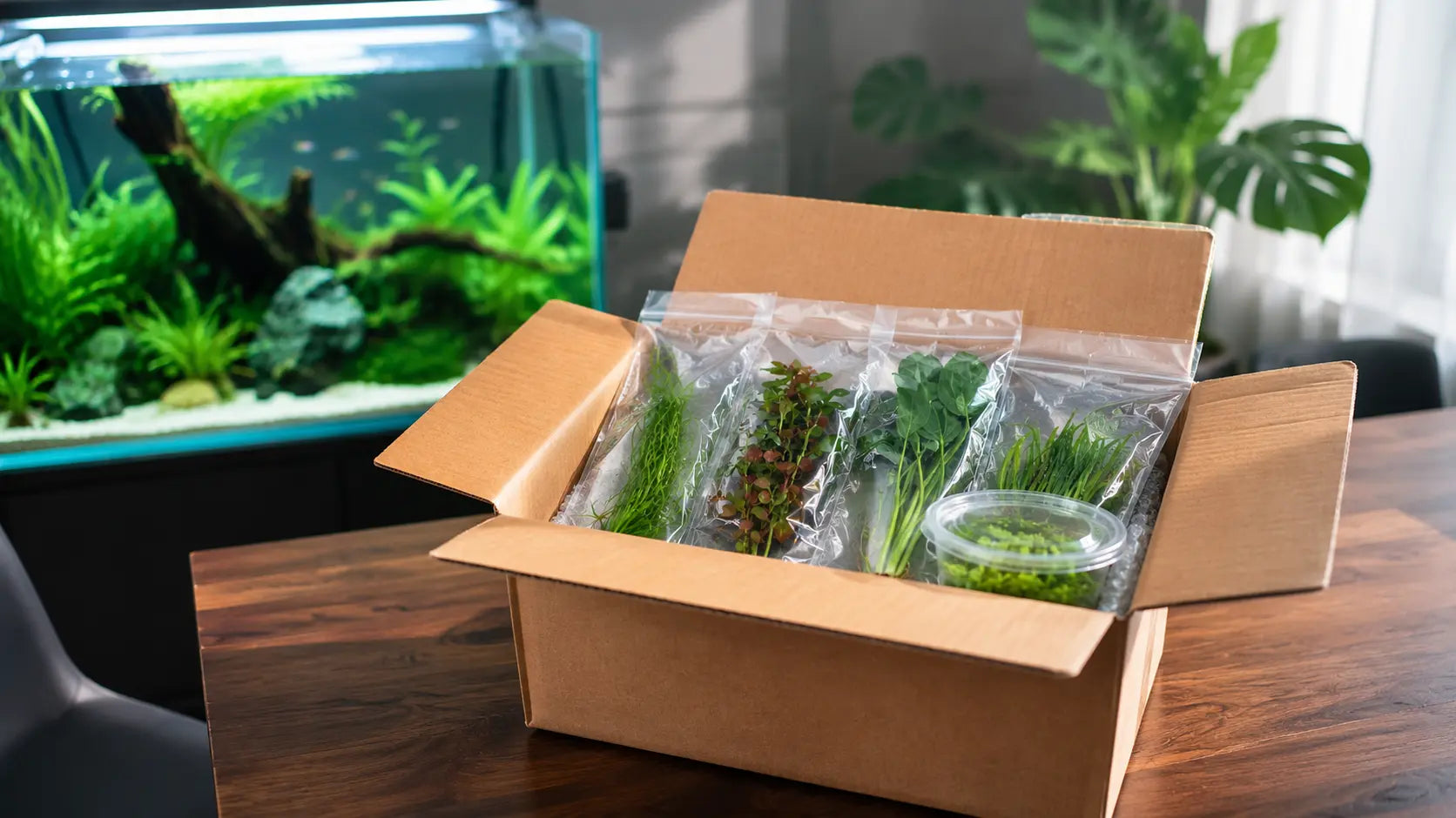 Open cardboard shipping box filled with safely packaged live mail order aquarium plants, tissue culture cups, and protective bubble wrap.