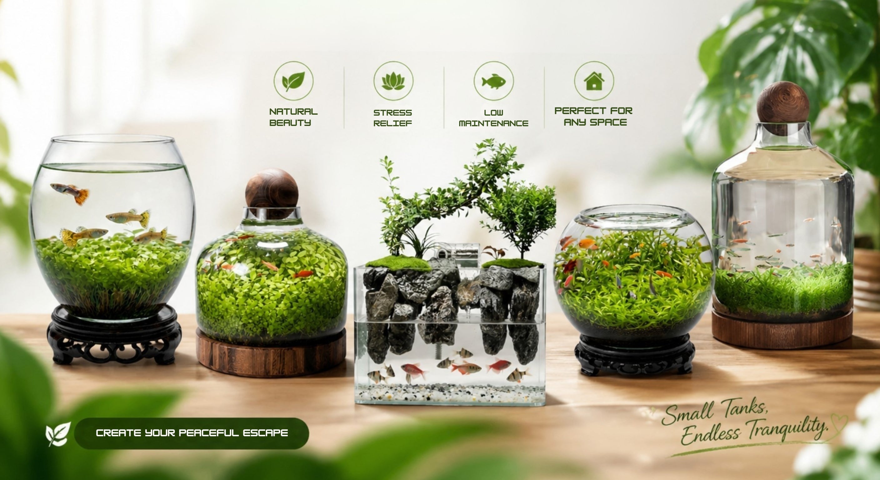 Which Tiny Tank: Jarrarium vs Nano Bowl vs Paludarium comparison guide for beginners showing miniature self-sustaining ecosystems.
