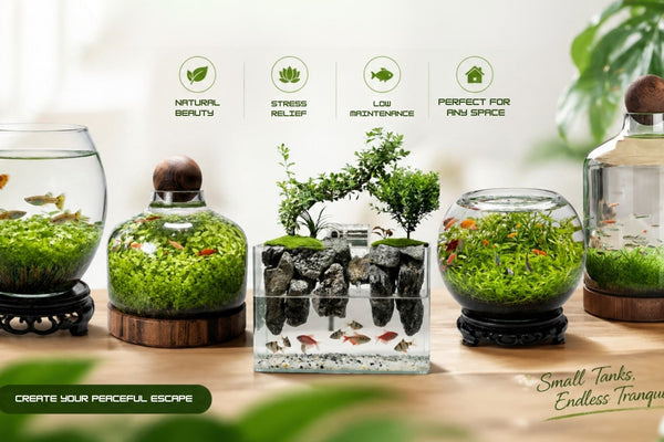 Which Tiny Tank: Jarrarium vs Nano Bowl vs Paludarium comparison guide for beginners showing miniature self-sustaining ecosystems.