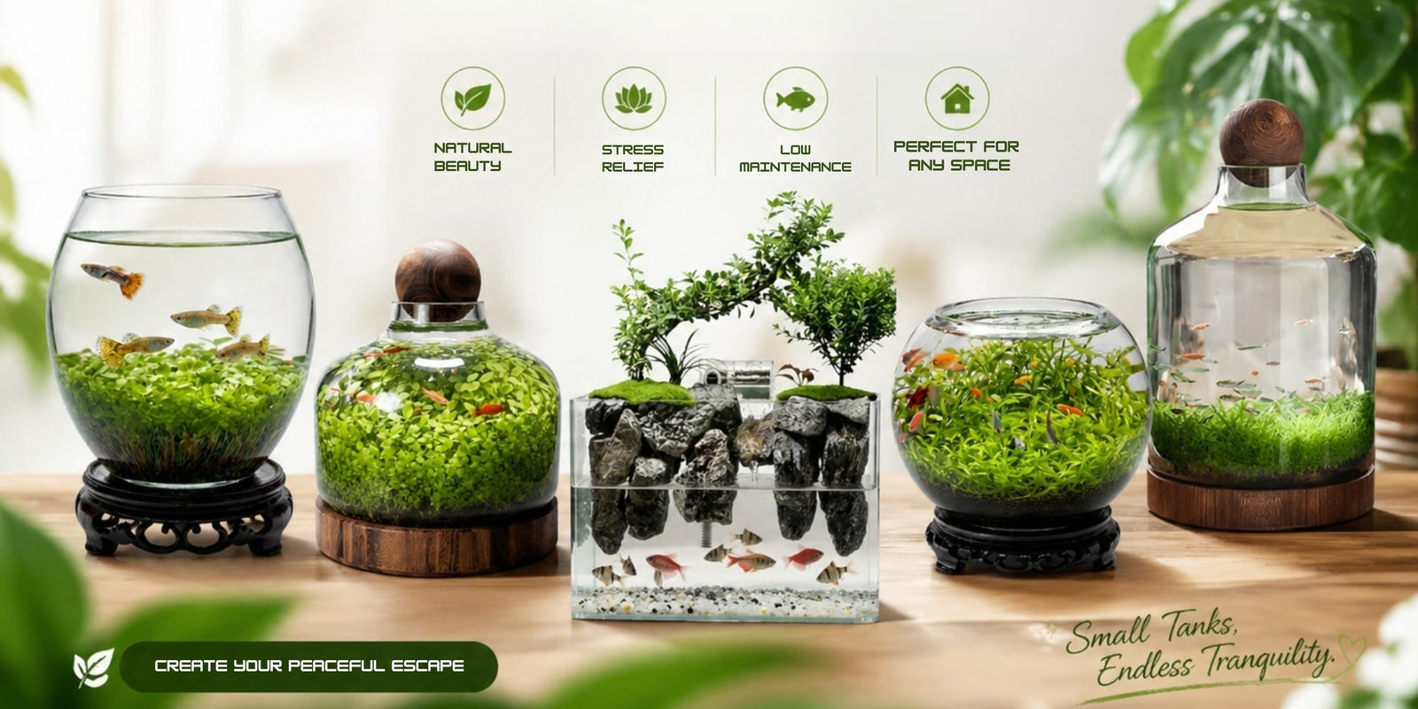 Which Tiny Tank: Jarrarium vs Nano Bowl vs Paludarium comparison guide for beginners showing miniature self-sustaining ecosystems.
