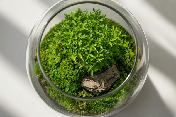 Top-down view of a minimalist modern closed terrarium featuring a single bonsai tree, clean moss carpet, and an accent stone inside a geometric glass vessel.