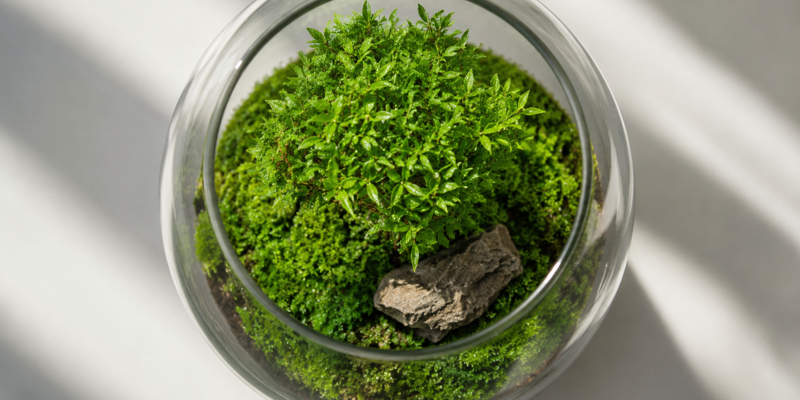 Top-down view of a minimalist modern closed terrarium featuring a single bonsai tree, clean moss carpet, and an accent stone inside a geometric glass vessel.