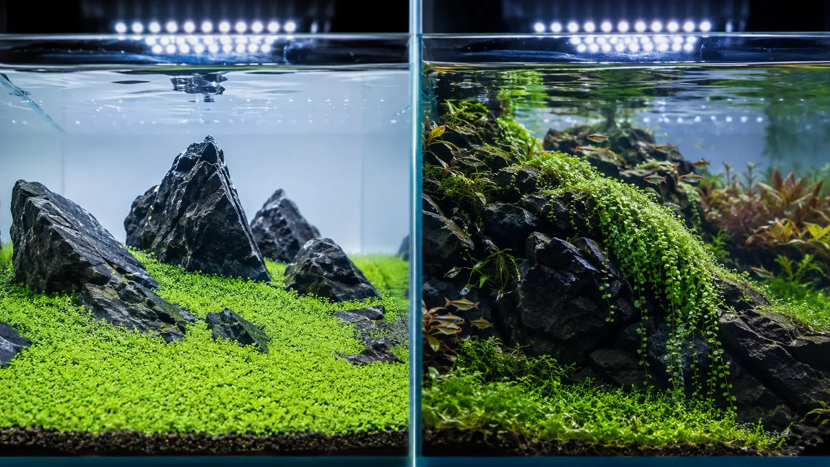 Split screen comparison of a perfectly flat, tight Glossostigma elatinoides carpet and a lush, cascading Monte Carlo aquascape in high-tech planted tanks.